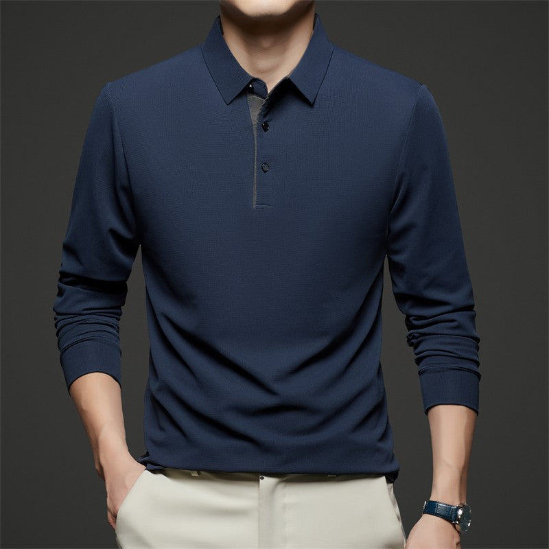 New Men's Business Casual Long Sleeve Solid Color Polo Shirt Fashionable Warm Comfortable Four Seasons Versatile Top