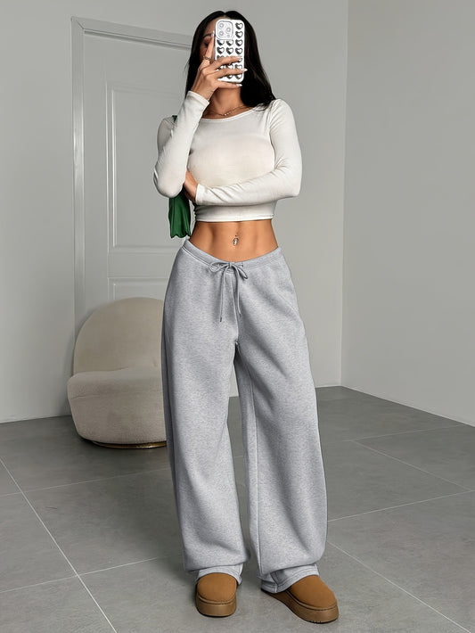 Ladies' Casual Simple Solid Color Loose Wide Leg Autumn and Winter Sweatpants Are Comfortable and Warm, Suitable for Daily Wear