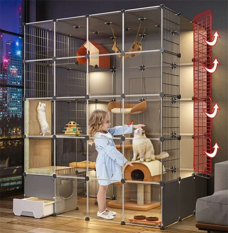 Super Grandes Gaiolas de Gatos com Espaço Livre Casa para Animais de Estimação Interna Villa para Gatos com Caixa de Areia Integrada Gabinete Nórdico Multi-Camadas para Gatos