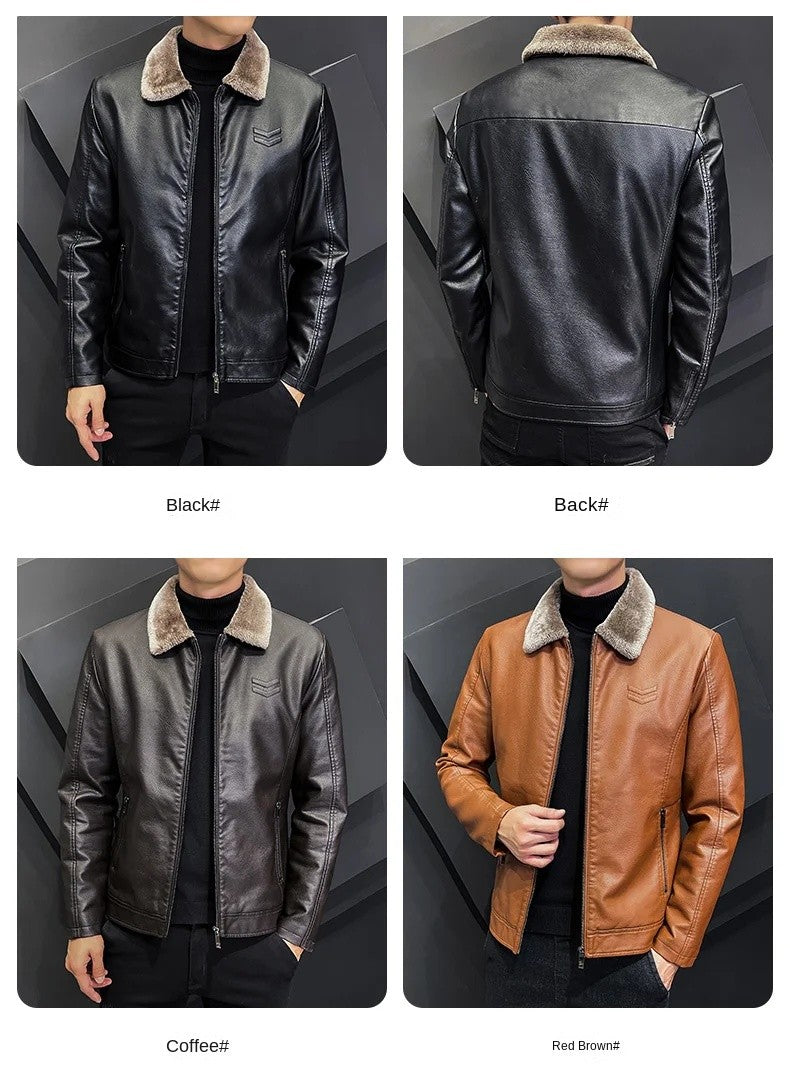 Vintage Brown Leather Jacket Men's Winter Faux Fur Collar Windproof Warm Coat Male Luxury Clothing Brand chaqueta cuero hombre