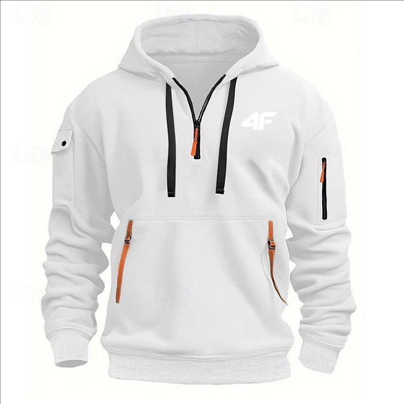 2025 Men's hooded sweater casual sports jumper vintage Harajuku long sleeve zipper multi-pocket casual loose coat Street
