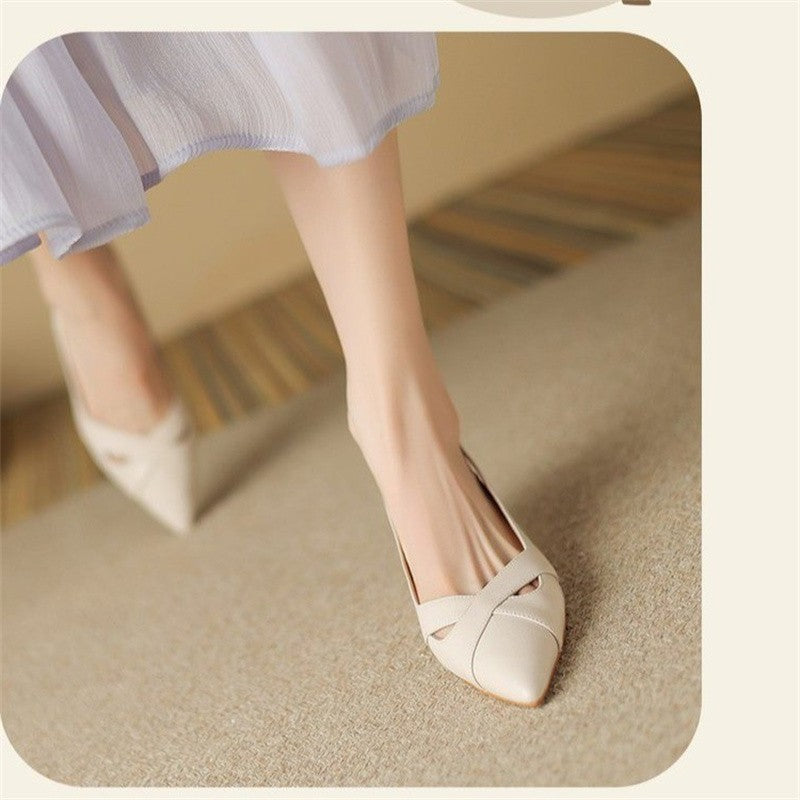 New Summer Fashion Comfortable Casual Wear-resistant Shallow Mouth Pointed Toe Toe Hollow Back High Heels Sheepskin Sandals