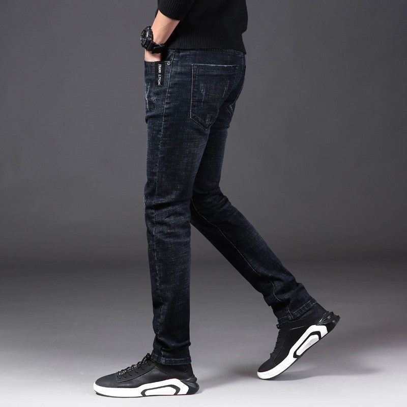 Men Winter Thermal Jeans Snow Warm Stretch Straight Jeans Man Fleece Denim Long Pants Cool Narrow Leg Slim Fit Blue Trousers