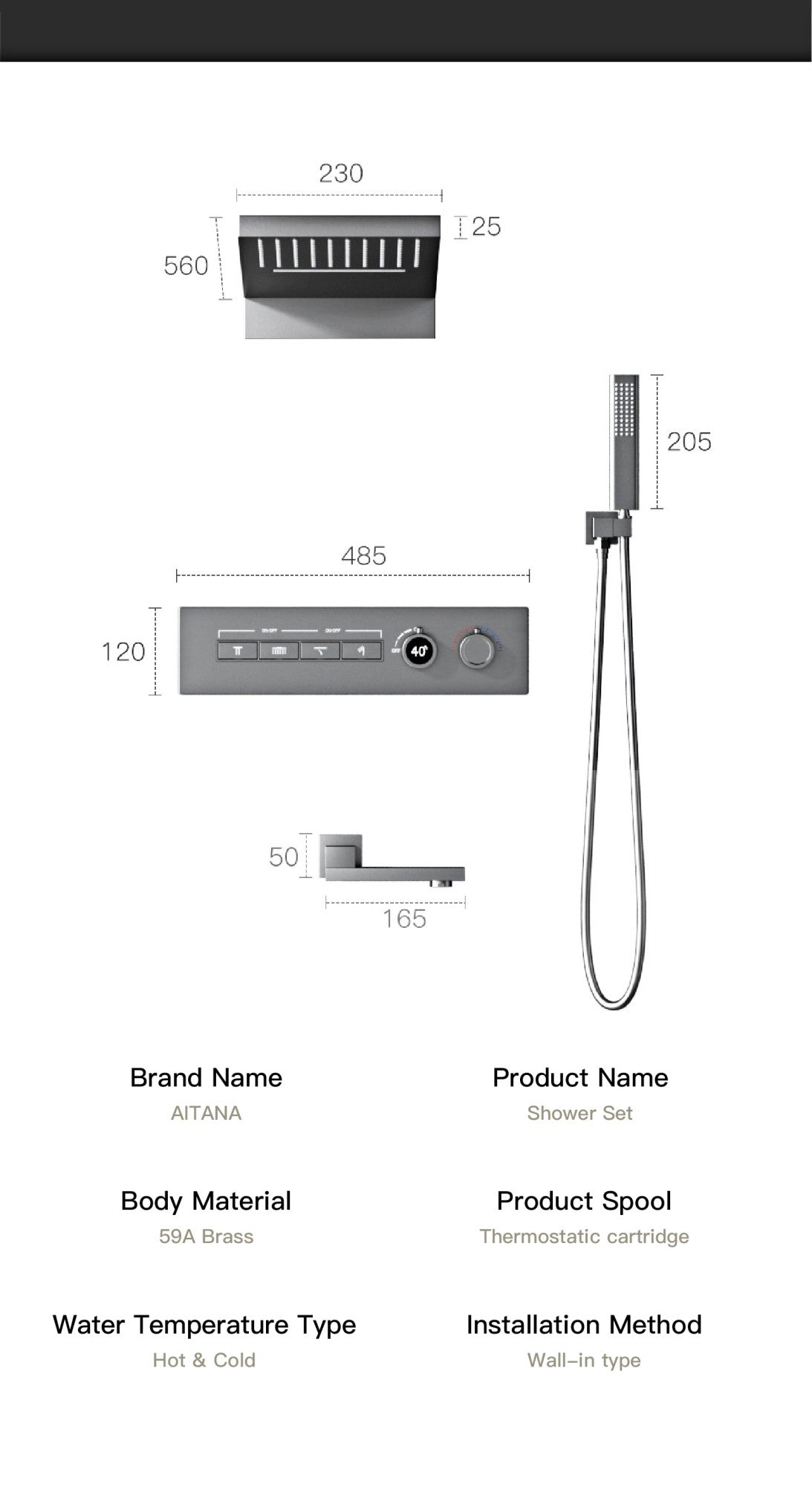 Luxury gun gray brass thermostatic shower system wall mounted LED digital display hot and cold water bathroom embedded faucet