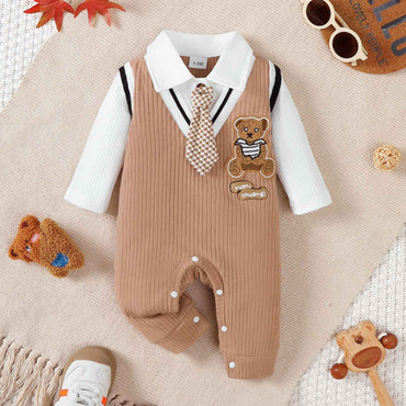 Baby boy Small Gentleman Jumpsuit Cartoon Teddy Bear Long sleeves Jumpsuit for 0-18 Month Baby boys' Birthday Party Costumes