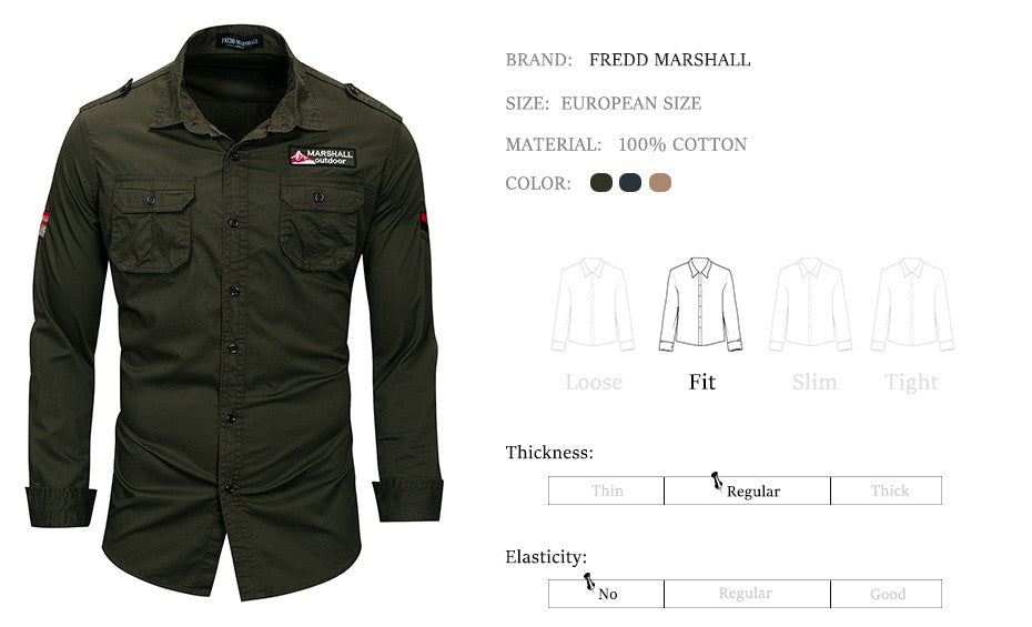 Fredd Marshall 2022 New 100% Cotton Military Shirt Men Long Sleeve Casual Dress Shirt Male Cargo Work Shirts With Embroidery 115