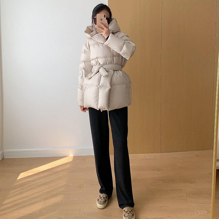 2025 Winter Women's Down Jackets Ultra Light Warm Cusual Coat Female Puffer Jacket With Belt Plus Size Hooded Short Parka