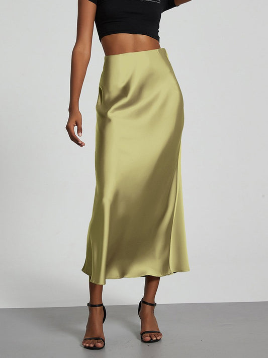 Fashion Satin Party Long Skirt High Waist Solid Color Casual Basic Women Skirts