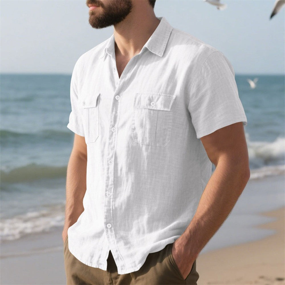Summer Men's Cotton Linen Short Sleeve Shirt Double Pocket Solid Color Cargo Shirts Casual Vacation Beach Style Lightweight Tops
