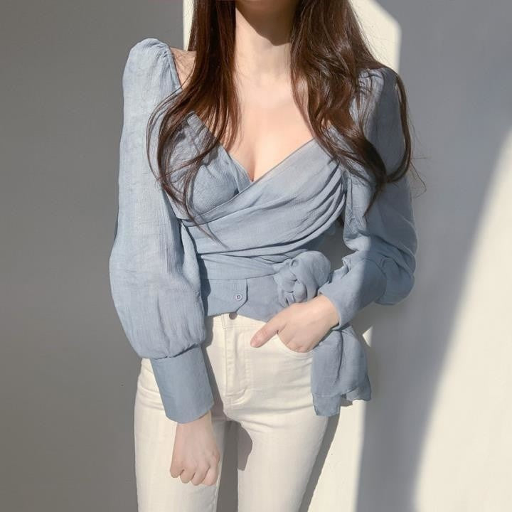 2023 Design Long Sleeve Shirt Women's V-neck Pleated Waist Top Blusas Clothes for Women Tops Shirts Blouses