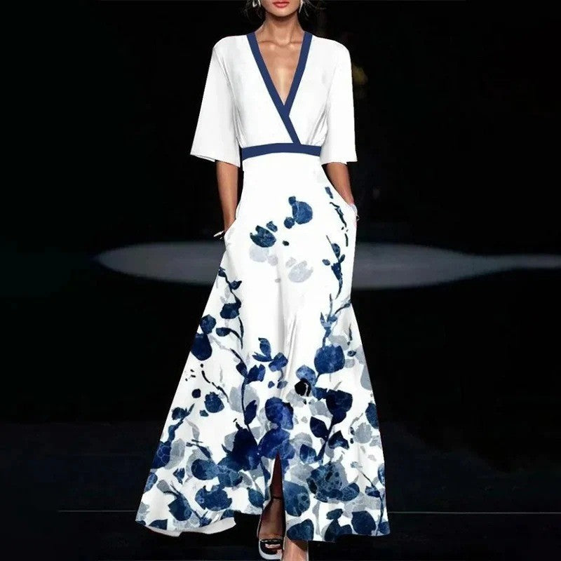 Women Fashion 2024 Spring V Neck Belted Party Long Dress Sexy Printing A-Line Bo