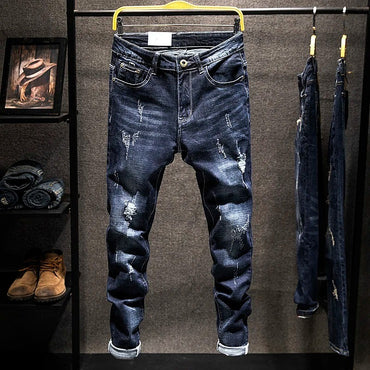 American Elastic Straight Jeans Men Ripped Worn-out Slim-fit Cotton Denim Pants Korean Style Fashion Blue Black Men's Clothing