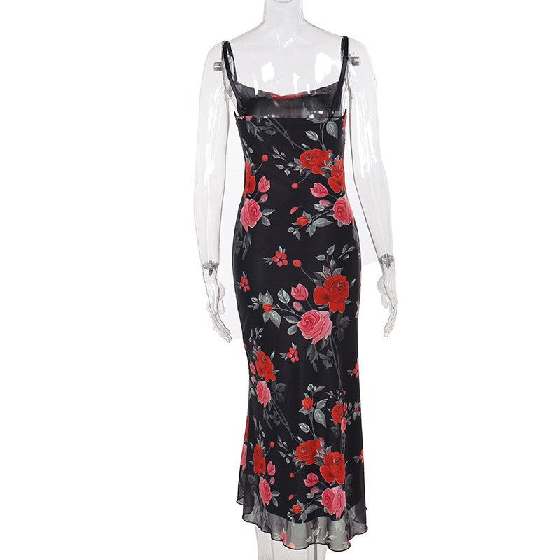 Flowers Print Spaghetti Strap Dresses Women Temperament Package Hip Bodycon Long