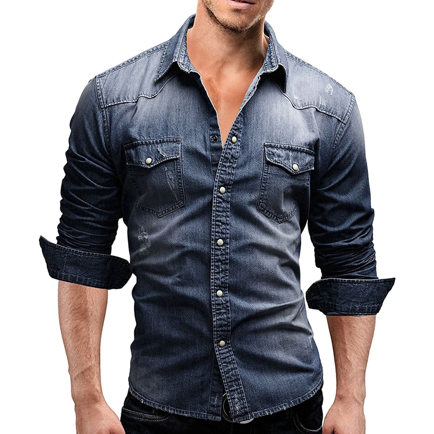 2024 Men's Spring Autumn Casual Shirts Solid Color Long Sleeve Lapel Denim Tops Button Shirts for Party
