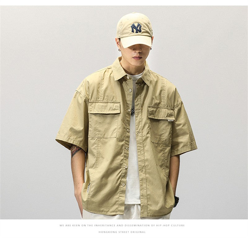 Summer Japanese Cargo Short Sleeve Shirt Men's Pockets Button Turn-down Collar Shirts Fashion Casual Cardigan blouses Tops