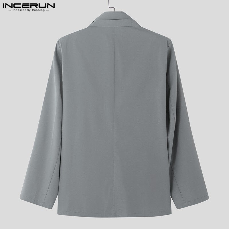 INCERUN Korean Fashion Men Blazer Casual Long Sleeve Solid Tops Pocket Button Steetwear Male Outfits Well Fitting Vintage Coats