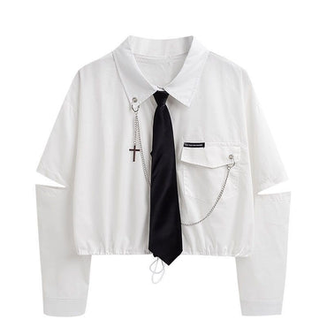 Unisex Student Workwear Outfit, Baggy Black Cargo Pants Set with White Short Shirt, Korean Loose Fit Street Style 2PC Coords