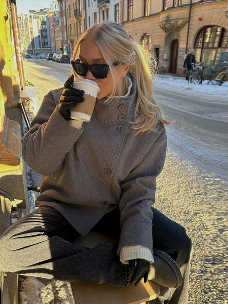 Fashion Stand Collar Solid Short Coat Women Casual Solid Single Breasted Loose Fit Coat 2025 Winter Chic Windproof Jackets