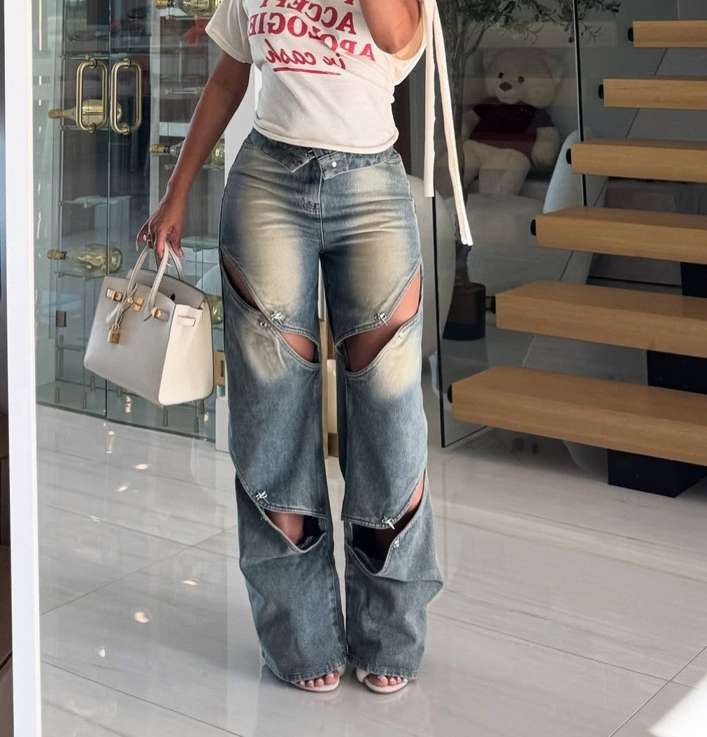 2025 New European and American Women's Clothing Fashion Street Trend Hollow Nail Buckle Old Straight Loose Denim Trousers