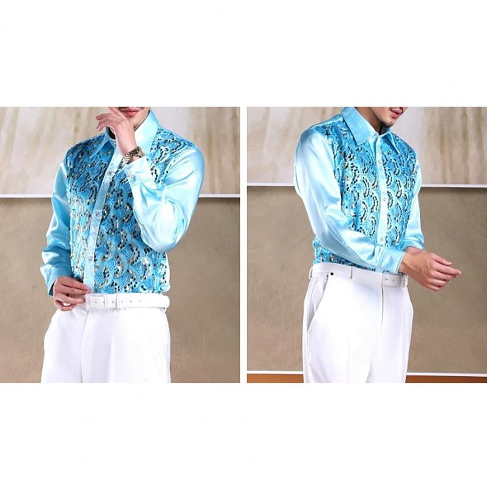 Men Sequins Shirt Adult Lapel Long Sleeved Dance Performance Shirt Costume Wedding Stage Shirt Slim Fit Casual Men Shirts Tops