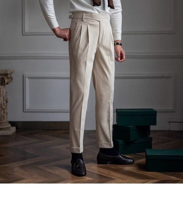 Italian Style Corduroy Naples Suit Pants Men High-waisted Adjustable Belt Straight Trousers Autumn England Business Casual Pant