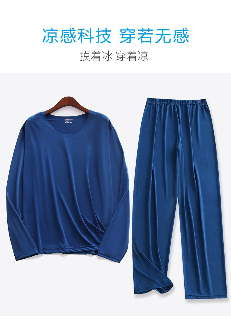 Plus Size 5XL Men Ice Silk Pajama Set Solid Long Sleeve Tops and Pants Sleepwear 2pcs Sets Soft Comfy Lounge Home Nightwear Male