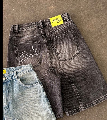 Retro Leaves Camouflage Denim Shorts Y2K Jeans Men Hip Hop Lettering Embroidery Retro Baggy Shorts Low Waist Over The Knee Pants