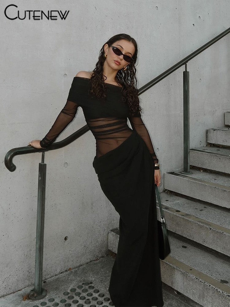 Cutenew Mesh Ruched Women Maxi Dress Sexy See Through Off Shoulder Long Sleeve S