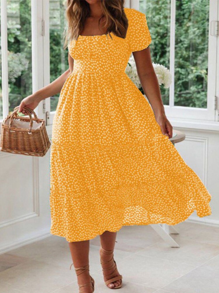 Vestidos Vintage Vintage Print Puff Sleeve summer Beach sweet dresses Casual Squ