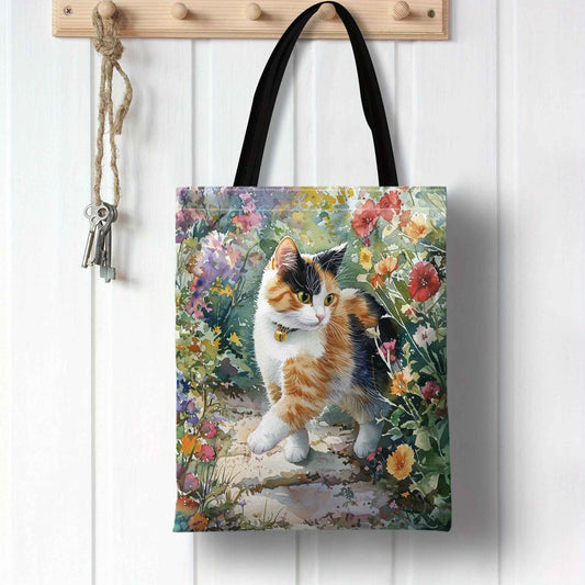 Watercolor Illustration of Cute Charming Calico Cat Print Shoulder Bag for Men Women Reusable Lightweight Portable Handheld Bag