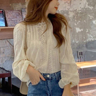 Autumn Lcae Embroidery Long Sleeve Women Blouses Office Lady ELegant Casual Button Shirts Sweet Clothing