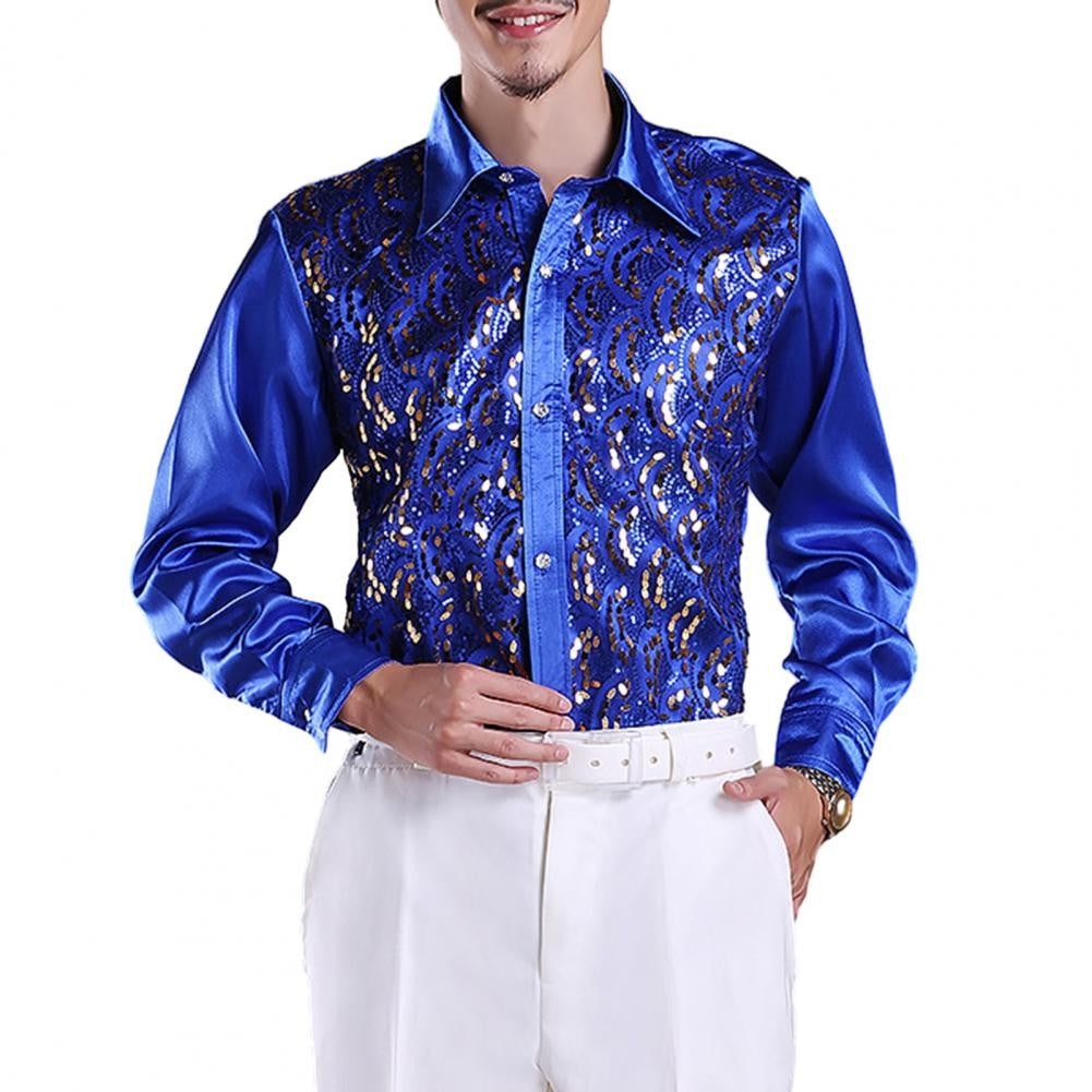 Men Sequins Shirt Adult Lapel Long Sleeved Dance Performance Shirt Costume Wedding Stage Shirt Slim Fit Casual Men Shirts Tops