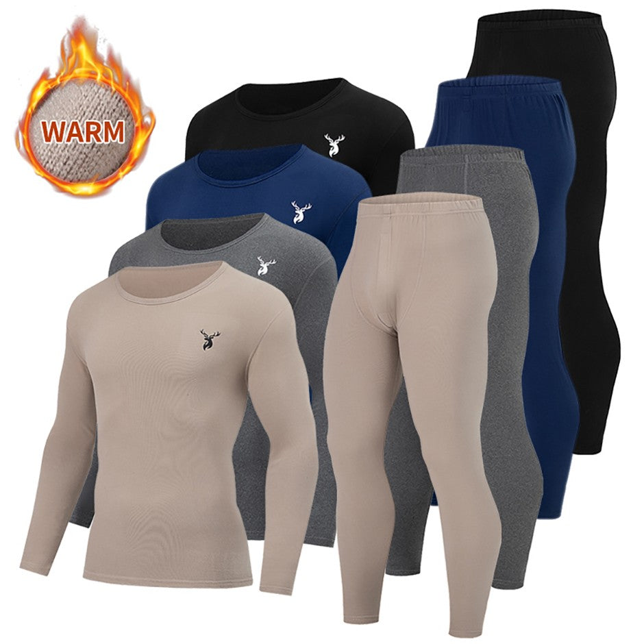 2-piece Autumn And Winter Men's Fashion Lucky Deer Pattern Solid Color Basic Warm Underwear Set Comfortable Long Sleeve Pants