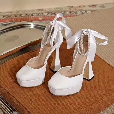 Waterproof Platform Mid Hollow White Wedding Shoes 13cm Party Dress Ladies Pumps Pearl Chain Square Toe Thick Heel High Heels