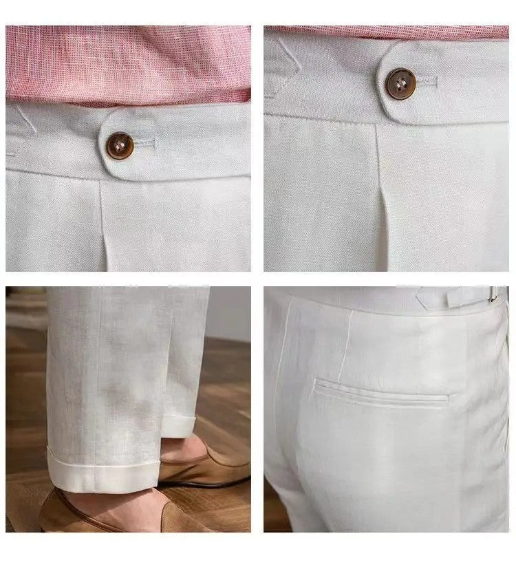 Spring Autumn Men 100% Linen Italian Naples Pants High Waist Straight Suit Trousers Fashion Lightweight Breathable Casual Pants