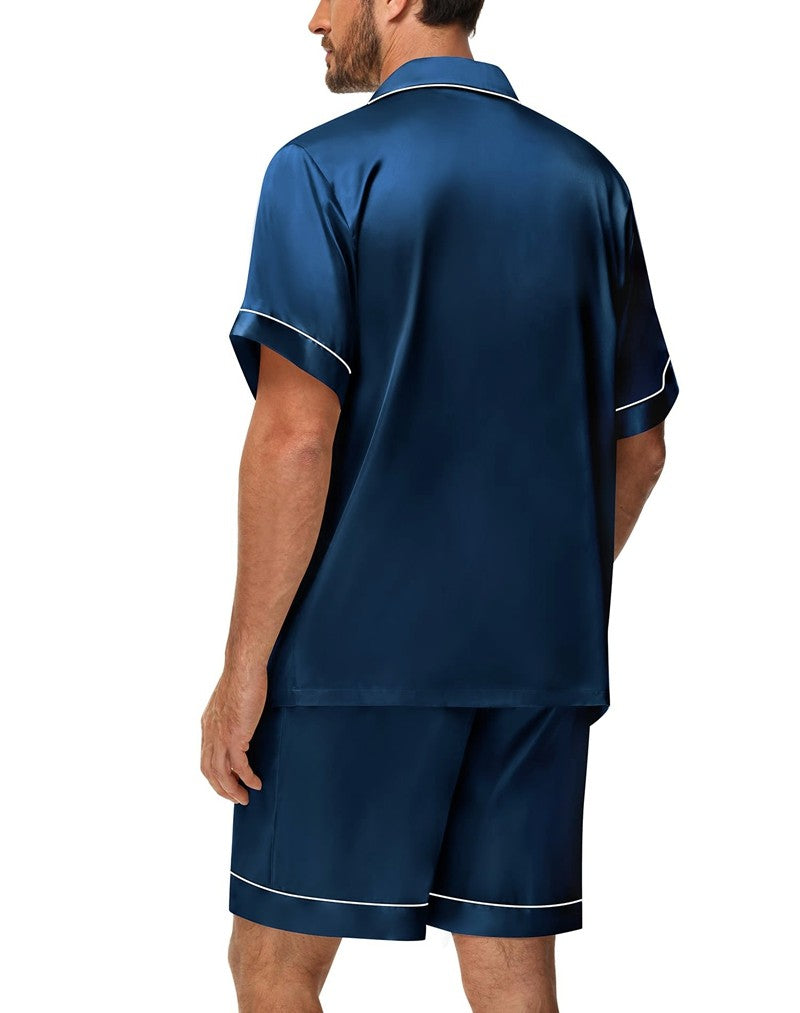 Men's Luxury Satin Pajama Set Short Sleeve Lapel Front Buttons Top And Elastic Shorts Comfortable Fit Loungewear Sleepwear Pjs