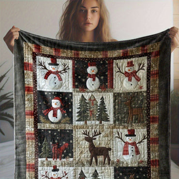 Cozy Christmas Flannel Quilt Throw - Soft Warm 280gsm All-Season Bedspread with Snowman, Reindeer & Cedar Print, Plaid Border