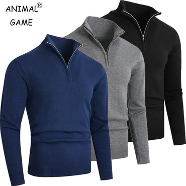 Autumn Mens Zip Pullover Sweater Lightweight Mock Neck Woolen Polo Sweaters Knit Casual Solid Color Cardigan Winter Warm Tops