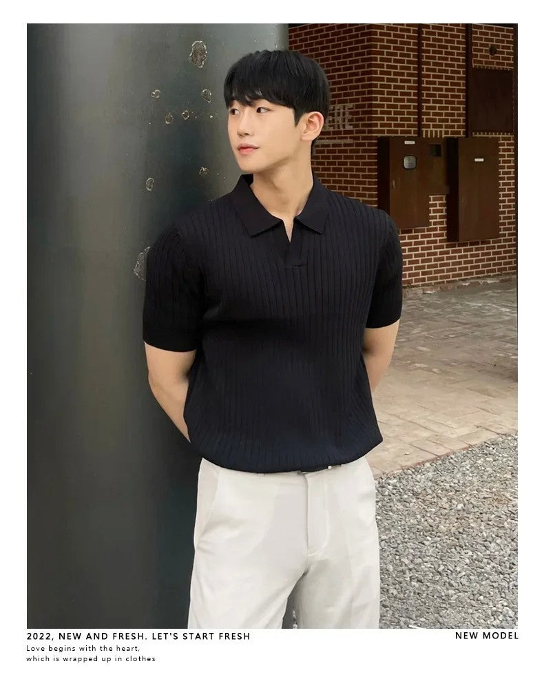 Trendy Polo Shirt For Men Summer Solid Color Top Versatile Knit Style Korean Short Sleeves Casual Fashion T-shirt
