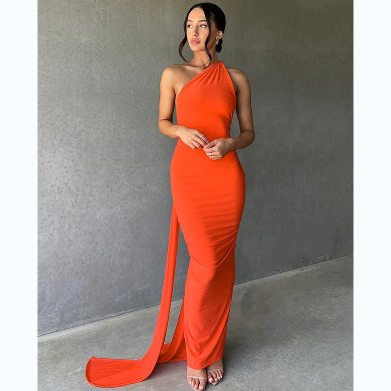 Hugcitar One Shoulder Backless Adjustable Scarf Loop Ruched Sexy Maxi Dress Wome