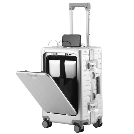 All Aluminum-magnesium Suitcase Front Opening Rolling Luggage with USB Charging Plug TSA Lock Trolley Case 20" Boarding Travel