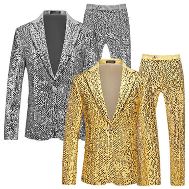 High-quality Sequined Suits Men Clothing Gold / Silver Autumn / Winter New Male Wedding Banquet Party Dress Blazer and Pant