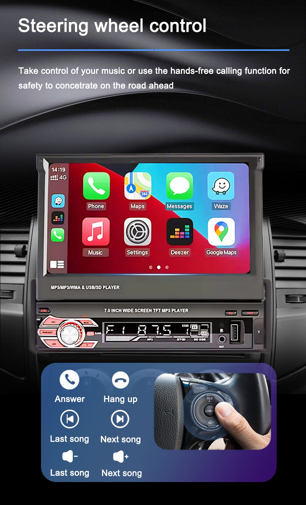 LEHX 1 Din 7inch IPS Retractable Screen Car Radio Multimedia Player Universal Audio Video Wired CarPlay Android Auto