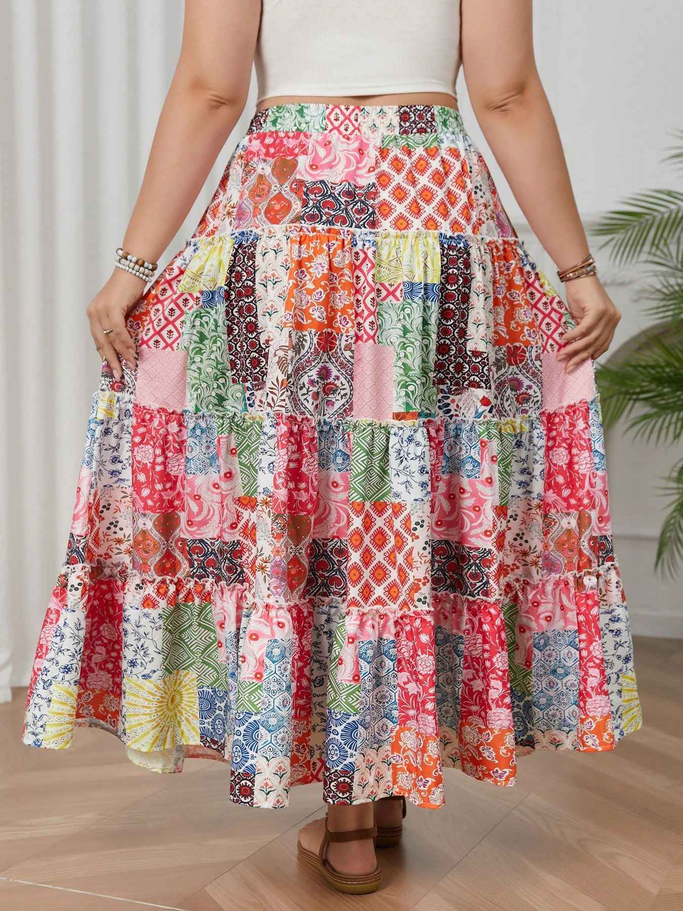 Plus size women's printed holiday style skirt spliced A-line skirt