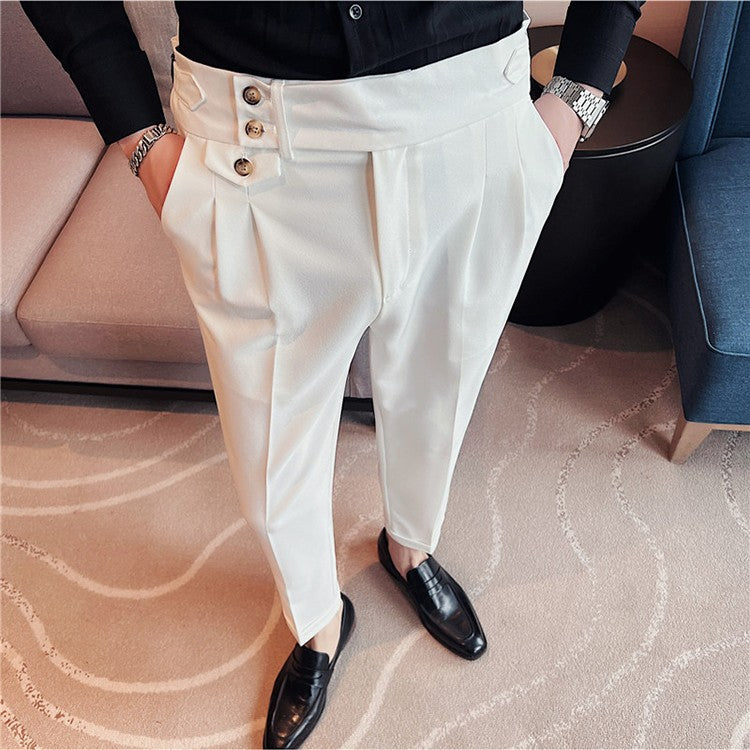 British Style Spring New Solid Business Casual Suit Pants High Waist Button Men Formal Pants High Quality Slim Office Trousers