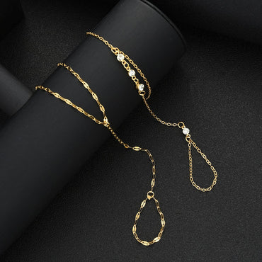 2pcs Gold Color Hand Chain Bracelets Set for Women Boho Vintage Geometric Zircon Ring Bracelet Daily Beach Party Jewelry Gift