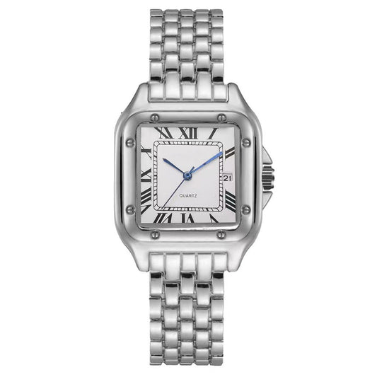 Cross border new fashionable casual simple Roman alloy steel strip square calendar for men and women couples quartz watch