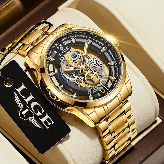 LIGE New Men Watch Skeleton Quartz Wristwatch Gold Skeleton Retro Man Watch Top Brand Luxury Clock Mens Watches Reloj Hombre