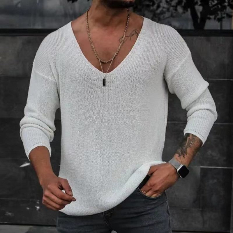 Men 2023 Spring V Neck Rib Bottoming T-shirts Pullover Autumn Long Sleeve Slim Fit Tees Tops Simple Casual Plain Thin Knit Shirt