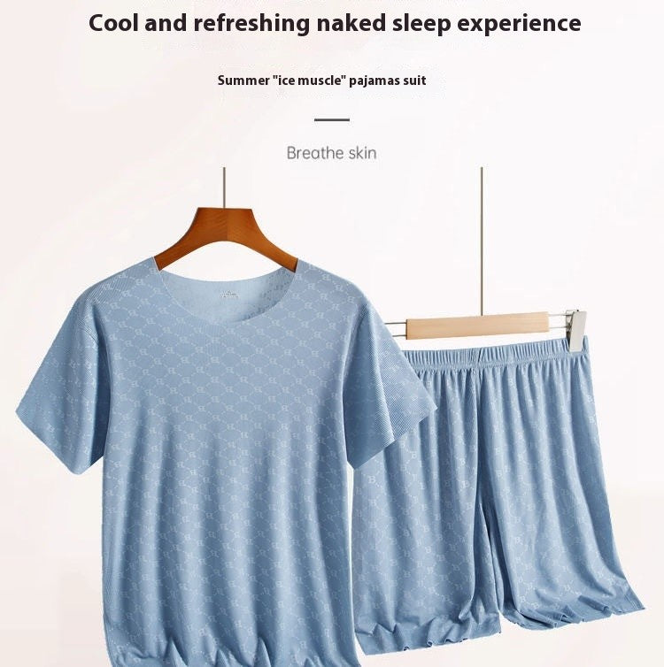 Summer Men's Pajamas Homewear Set Printed Ice Silk T-Shirt Short-Sleeved Modal Casual Pajamas Men's Pajama Trousers Thin Suit